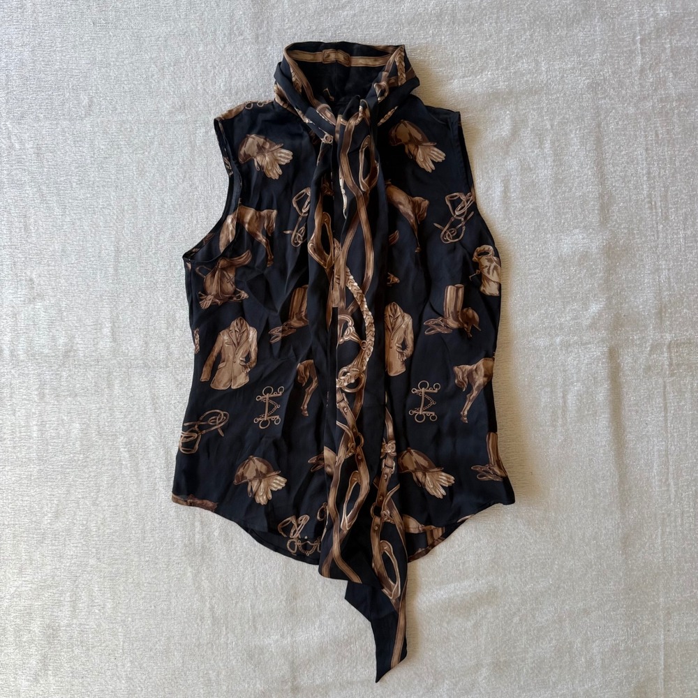 Lauren Ralph Lauren Black Silk Equestrian Horse Print Tie Neck Sleeveless Blouse - Picture 5 of 15